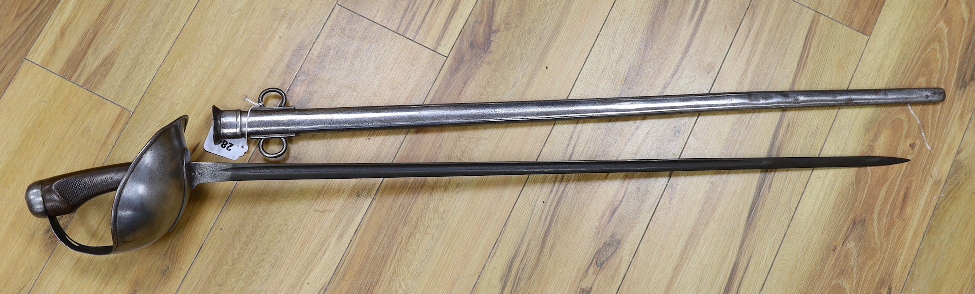 A British 1908 pattern cavalry troopers sword and scabbard by Sanderson Brothers & Neubold Limited, total length 111cm